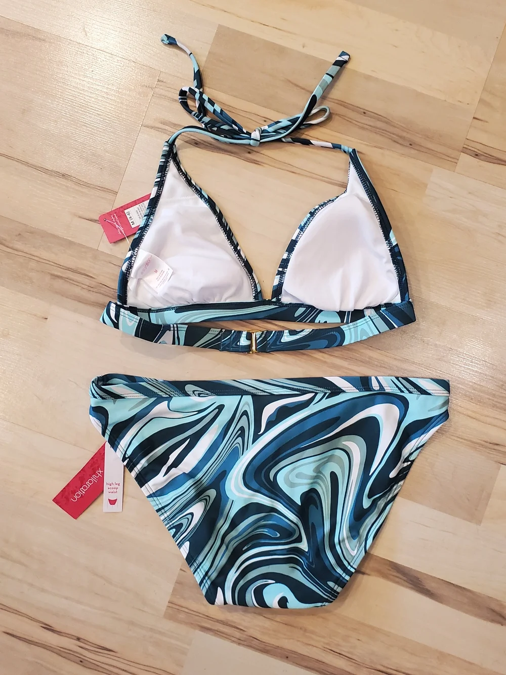 NWT Triangle Halter Bikini Set in Teal Swirl Sz MEDUIM